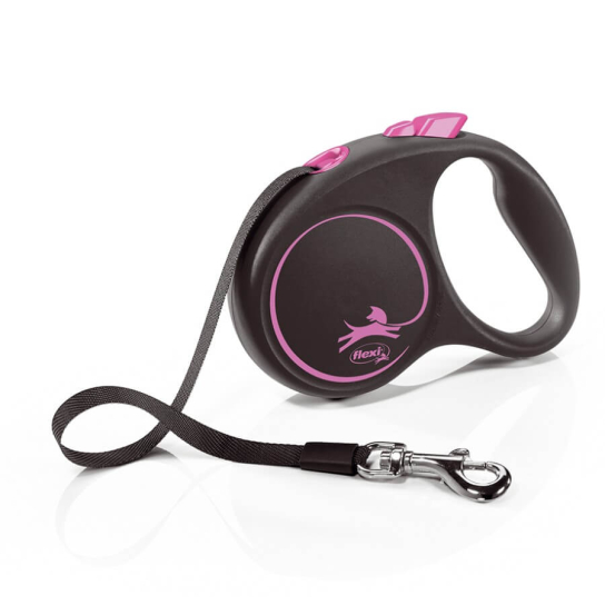 FLEXI BLACK DESIGN ЛЕНТА S - автоматичен повод за куче, черен+розово, 5 м/15 кг -  - Zoolink