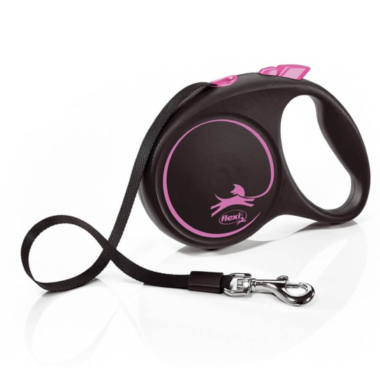 FLEXI BLACK DESIGN ЛЕНТА M - автоматичен повод за куче, черен+розово, 5 м/25 кг -  - Zoolink