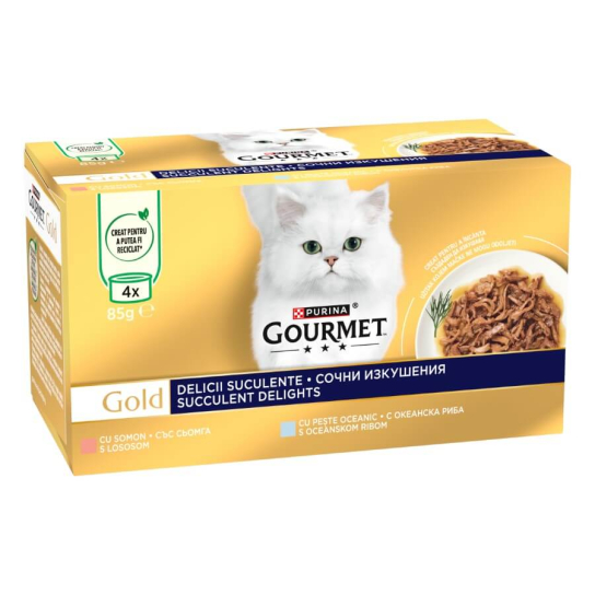 Purina Gourmet Gold - сочни изкушения за котки в зряла възраст, Сьомга,Океанска риба, мултипак 4х85г -  - Zoolink