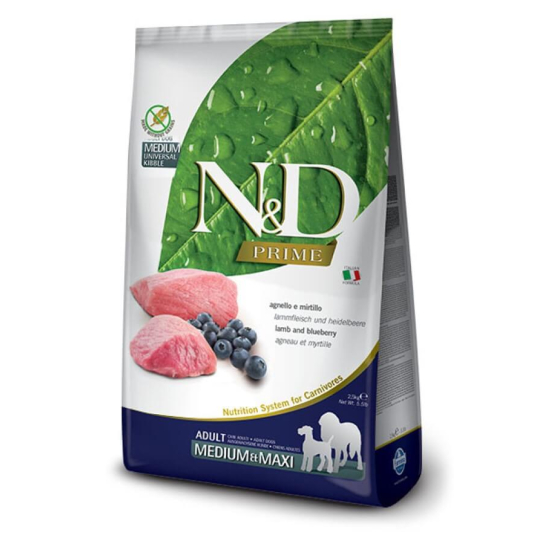 N&D GF PRIME DOG ADULT MED/MAXI LAMB &BLUEBERRY за куче над 1г., средни/едри, агне и боровинки 2.5кг -  - Zoolink