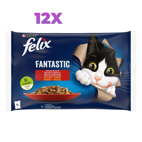 12бр. Purina Felix Fantastic за котки в зряла възраст Телешко и Пиле, в желе 4х85g -  - Zoolink