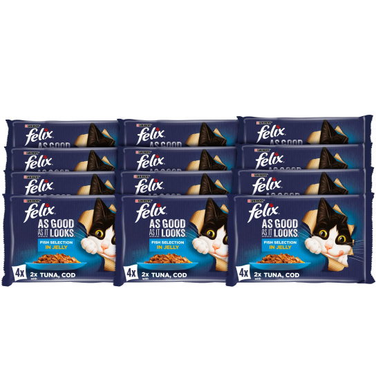 12бр. Purina Felix Sensations за котки в зряла възраст със Сьомга в желе с вкус на Скариди, 4х85g -  - Zoolink