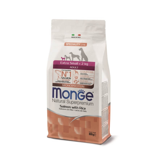 MONGE NS MONOPROTEIN DOG ADULT EXTRA SMALL - за зрели кучета до 2кг, Сьомга и ориз, 800г -  - Zoolink