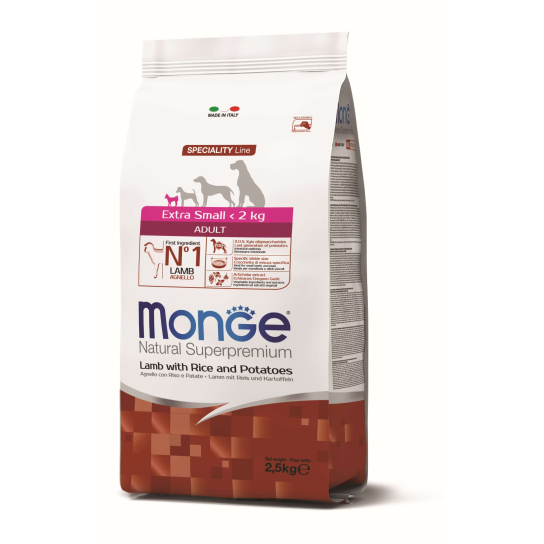 MONGE NS DOG ADULT EXTRA SMALL - за зрели кучета до 2кг, Агне, ориз и картофи, 2.5кг -  - Zoolink