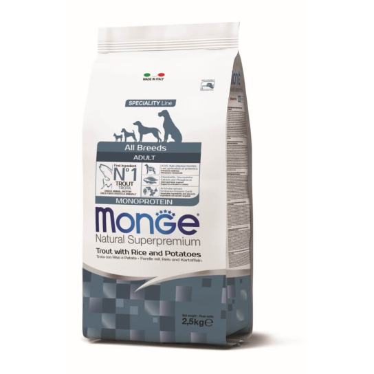 MONGE NS MONOPROTEIN DOG ADULT ALL BREEDS - за зрели кучета, Пъстърва,ориз и картофи,2.5кг -  - Zoolink