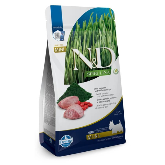 N&D SPIRULINA DOG ADULT MINI - за зрели кучета от малки породи, Агне, спирулина, годжи бери, 2кг -  - Zoolink