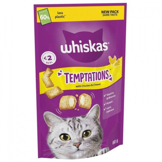 Whiskas Temptations - котешко лакомство с Пиле и Сирене, 60г -  - Zoolink