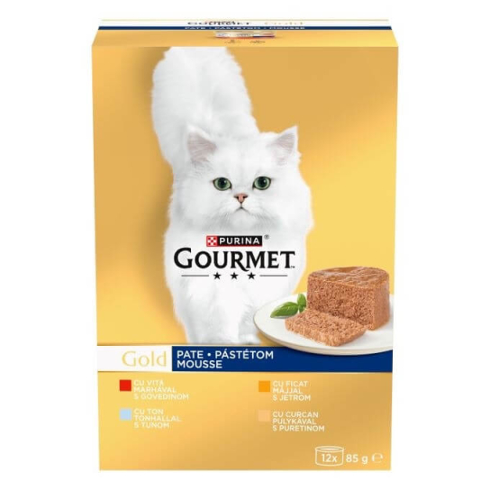 GOURMET GOLD - пастет за котки, 4 вкуса, Говеждо, Тон, Дроб, Пуйка, мултибокс 12х85г -  - Zoolink