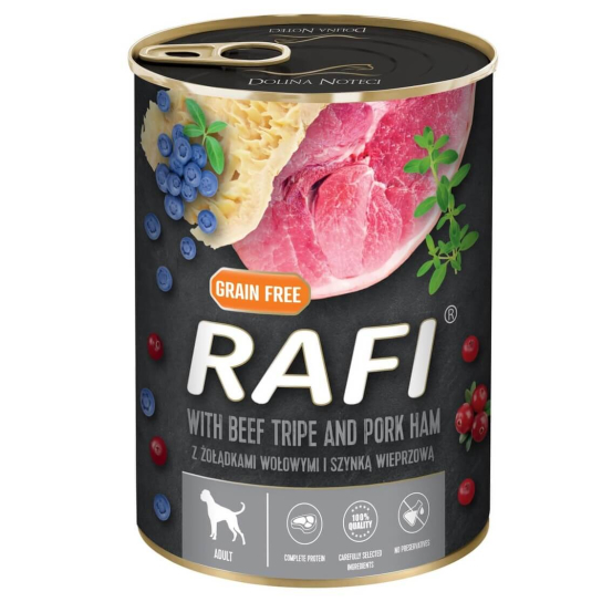 RAFI DOG BEEF TRIPE&PORK HAM - за израснали кучета, с Говеждо шкембе и Шунка, плодове, консерва 800г -  - Zoolink
