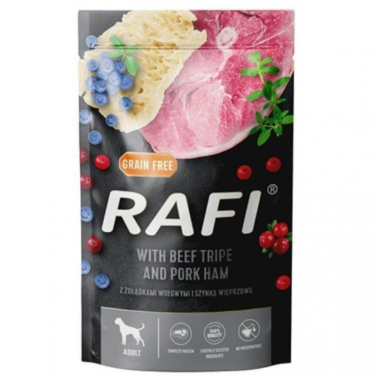 RAFI DOG BEEF TRIPE&PORK HAM - за израснали кучета, с Говеждо шкембе и Шунка, плодове, пауч 500г -  - Zoolink