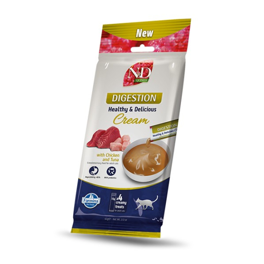 N&D QUINOA CAT DIGESTION CREAM - кремообразни 
лакомства с Пиле и Риба Тон, сашета 4х15г -  - Zoolink