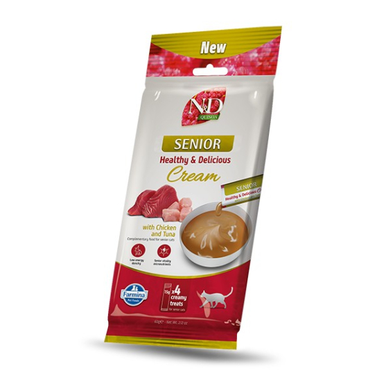 N&D QUINOA CAT SENIOR CREAM - кремообразни лакомства с Пиле и Риба Тон, сашета 4х15г -  - Zoolink