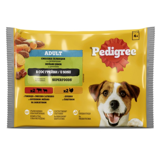 Pedigree Пауч Говеждо, Агнешко, Пуешко, Моркови в сос грейви, 4x100г -  - Zoolink