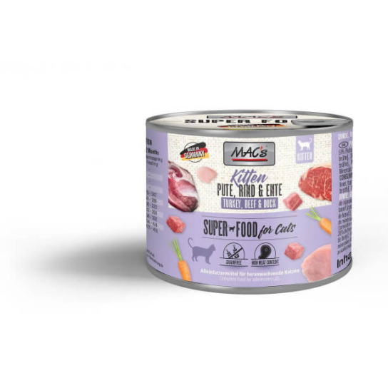 MAC'S CAT KITTEN - за подрастващи котки, Пуешко, Говеждо и Патешко, консерва 200г -  - Zoolink
