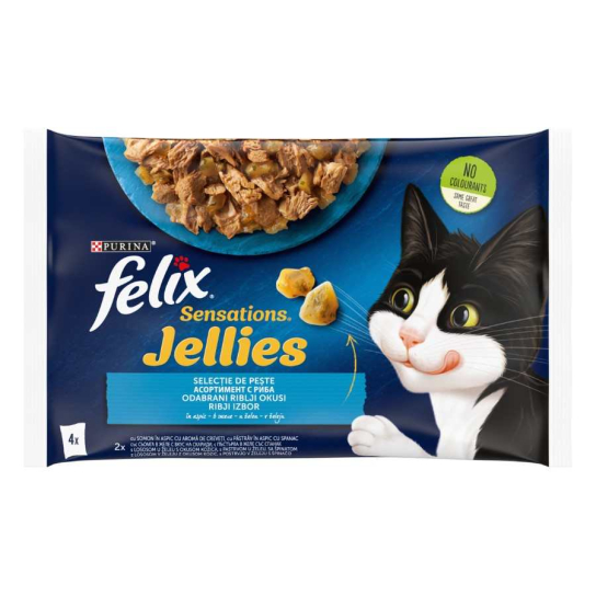 Purina Felix Sensations за котки в зряла възраст със Сьомга в желе с вкус на Скариди, 4х85g -  - Zoolink