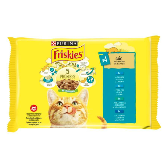 Purina Friskies за котки в зряла възраст, Сьомга/Риба тон/Риба Треска/Сардина, Мултиопаковка 4х85g -  - Zoolink