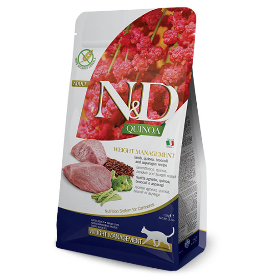 N&D QUINOA WEIGHT MANAGEMENT – котки над 1г. контрол тегло, киноа, агнешко, броколи и аспержи 300гр. -  - Zoolink