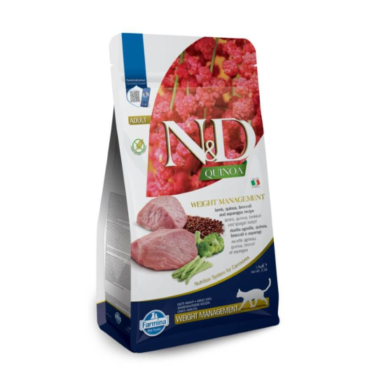 N&D QUINOA WEIGHT MANAGEMENT – котки над 1г. контрол тегло, киноа, агнешко, броколи и аспержи, 5кг -  - Zoolink
