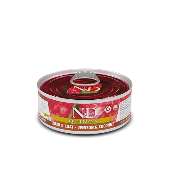 N&D CAT QUINOA SKIN&COAT –  за котки над 1г., кожа и козина, Елен, киноа и кокос, консерва 80г -  - Zoolink