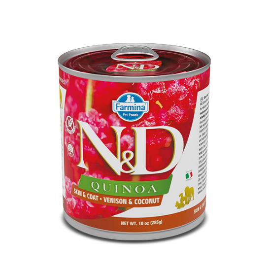 N&D QUINOA SKIN & COAT ADULT –  за кучета над 1г., кожа и козина, Елен, киноа, кокос, консерва 285г -  - Zoolink