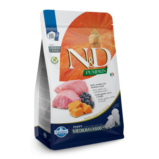 N&D PUMPKIN PUPPY MED&MAXI - за кучета от средни и едри породи, с Агне, тиква и боровинки, 12кг -  - Zoolink