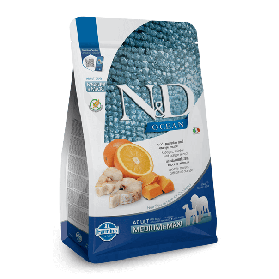 N&D OCEAN DOG ADULT MED&MAXI - за кучета над 1г. средни/едри, с Риба Треска, тиква и портока 2.5кг -  - Zoolink
