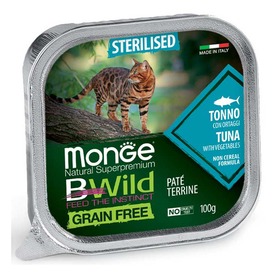 MONGE BWILD GRAIN FREE Sterilised Tuna – пастет за кастрирани котки, риба тон, зеленчуци, терин 100г -  - Zoolink