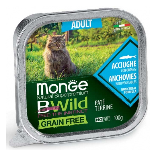 MONGE BWILD GRAIN FREE Adult Anchovy  – пастет за котки над 1г., аншоа и зеленчуци, терин 100г -  - Zoolink