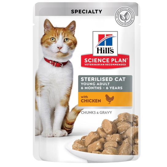 Hill's SP Feline Young Adult Sterilised CHICKEN - за кастрирани котки от 6м до 6г., Пиле пауч 12х85г -  - Zoolink