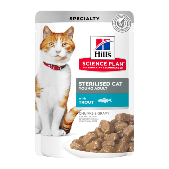 Hill's SP Feline Young Adult Sterilised Trout -за кастрирани котки от 6м до 6г пастърва пауч 12х85гр -  - Zoolink