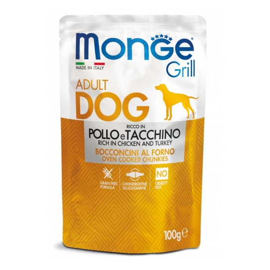 MONGE GRILL DOG ADULT - хапки за пораснали кучета, с Пилешко и Пуешко, пауч 100г -  - Zoolink