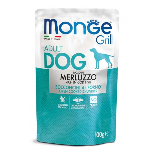 MONGE GRILL DOG ADULT - хапки за пораснали кучета, с Риба Треска, пауч 100г -  - Zoolink