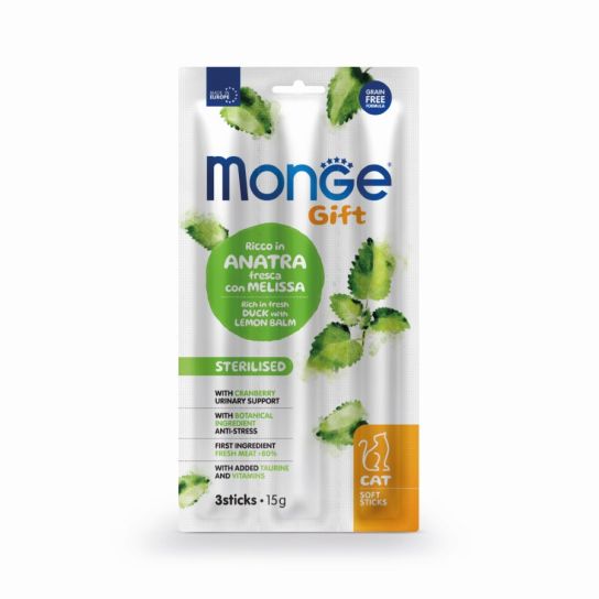Monge SOFT STICKS Sterilized - патешко с маточина и червени боровинки /за кастрирани котки/, 15г -  - Zoolink
