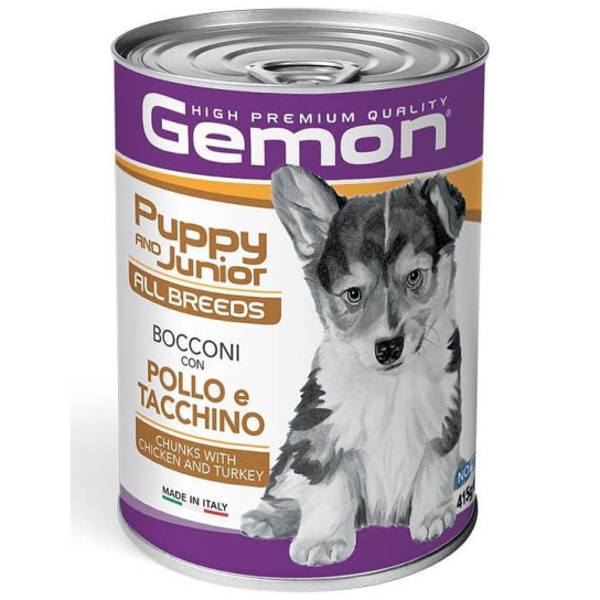 GEMON Junior chicken&turkey– за подрастващи кучета от всички породи с пиле и пуйка, консерва 415г -  - Zoolink