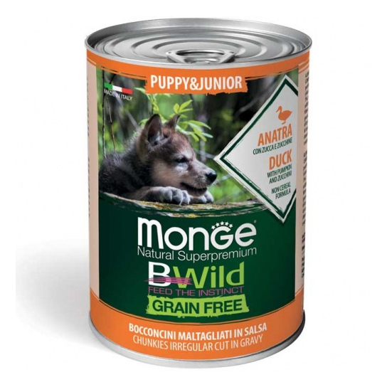MONGE BWILD GRAIN FREE Puppy - за подрастващи кучета с патешко, тиква и зеленчуци, консерва 400г -  - Zoolink