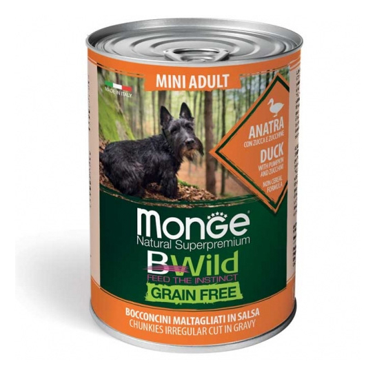 MONGE BWILD GRAIN FREE Mini Adult -за кучета над 1г. до 10кг, Патешко Тиква Зеленчуци, консерва 400г -  - Zoolink