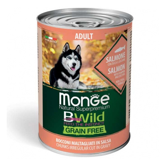 MONGE BWILD GRAIN FREE Adult – хапки за кучета над 1г., Сьомга, Тиква и Зеленчуци, консерва 400г -  - Zoolink