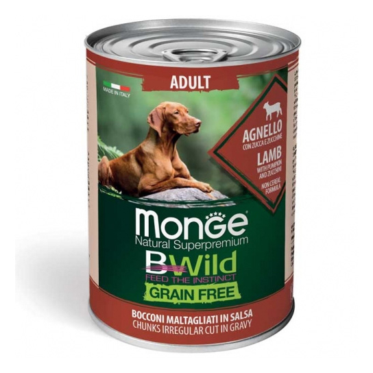 MONGE BWILD GRAIN FREE Adult – хапки  за кучета над 1г., Агнешко, Тиква и Зеленчуци, консерва 400г -  - Zoolink