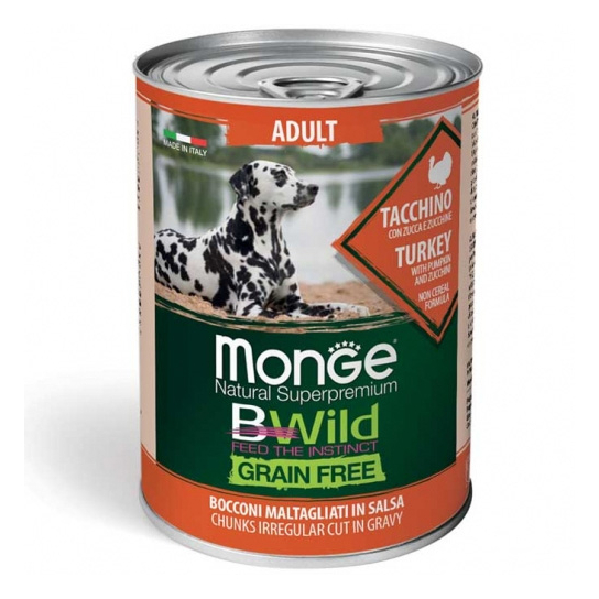 MONGE BWILD GRAIN FREE Adult – хапки  за кучета над 1г., Пуешко, Тиква и Зеленчуци, консерва 400г -  - Zoolink