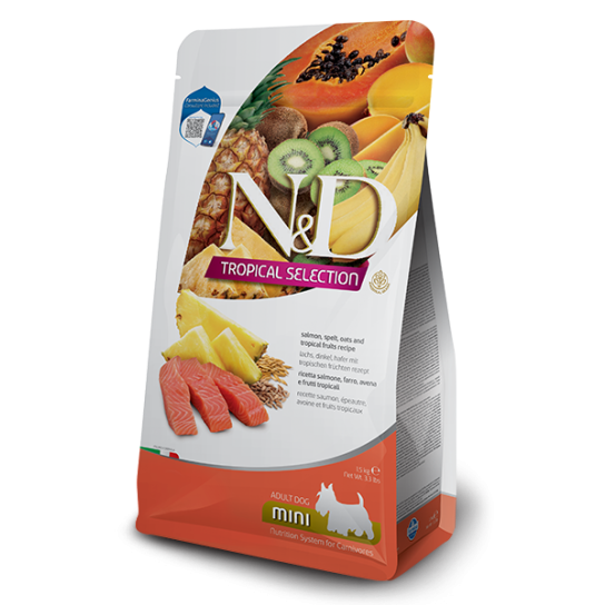 N&D DOG TROPICAL SALMON ADULT MINI - куче над 1 г дребни породи сьомга, спелта, овес, плодове 1.5кг. -  - Zoolink