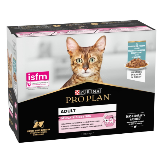 Purina Pro Plan DELICATE DIGESTION- за котки в зряла възраст с чувстителен стомах, Риба, пауч 10x85г -  - Zoolink