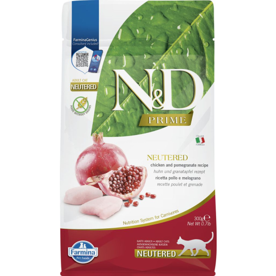 N&D PRIME CAT ADULT  NEUTERED CHICKEN & POMEGR. - за кастрирани котки над 1 г., с пиле и нар, 300г -  - Zoolink