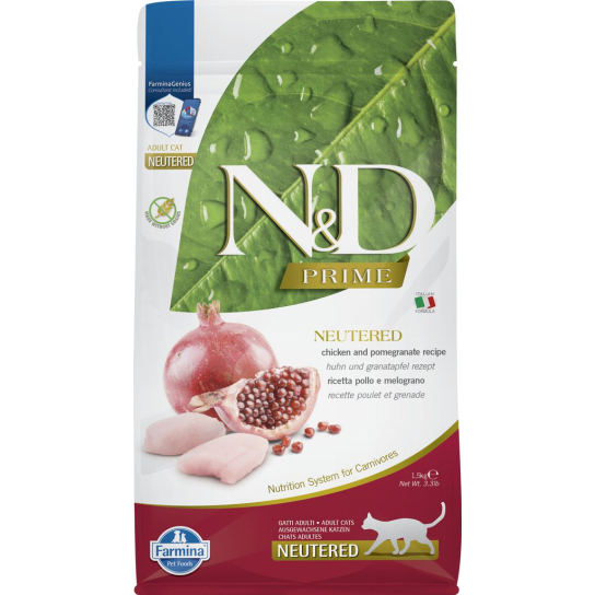 N&D PRIME CAT ADULT NEUTERED CHICKEN & POMEGR. - за кастрирани котки над 1 г., с пиле и нар, 1.5кг -  - Zoolink