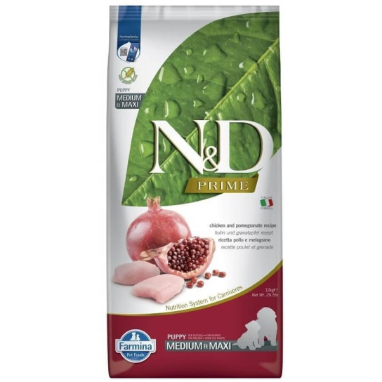 N&D PRIME PUPPY MED&MAXI - за подрастващи кучета от средни/едри породи, с Пиле и нар, 12кг -  - Zoolink