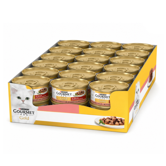 24бр.Purina Gourmet Gold за котки в зряла възраст, Хапки в сос, Пиле и Сьомга, Мокра храна, 85g -  - Zoolink