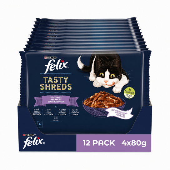 12бр. Purina Felix Tasty Shreds за котки в зряла възраст с Говеждо, Пиле, Сьомга и Риба тон, 4x80g -  - Zoolink