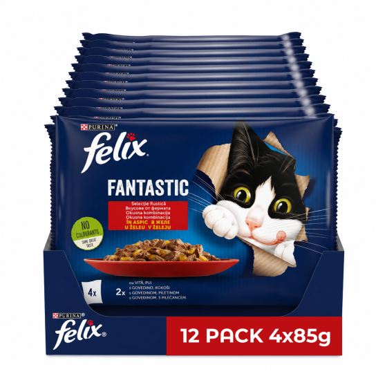 12бр. Purina Felix Fantastic за котки в зряла възраст Телешко и Пиле, в желе 4х85g -  - Zoolink
