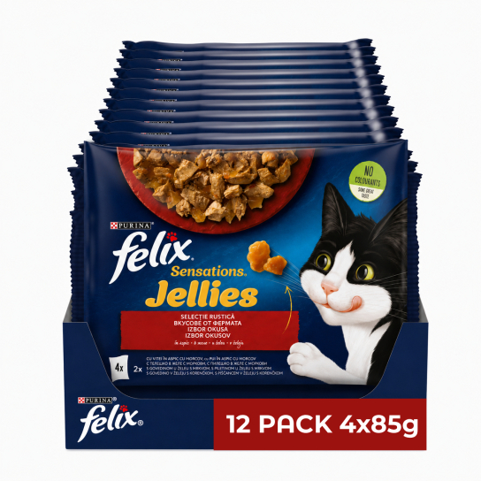 12бр. Purina Felix Sensations за котки в зряла възраст, Вкусове от фермата в желе, 4х85g -  - Zoolink