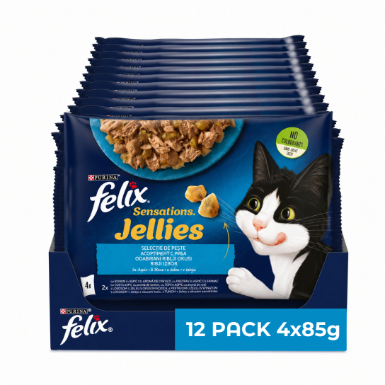 12бр. Purina Felix Sensations за котки в зряла възраст със Сьомга в желе с вкус на Скариди, 4х85g -  - Zoolink