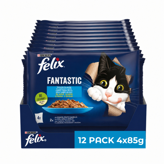 12бр. Purina Felix Fantastic за котки в зряла възраст, Асортимент в желе, Сьомга и Писия, 4х85g -  - Zoolink